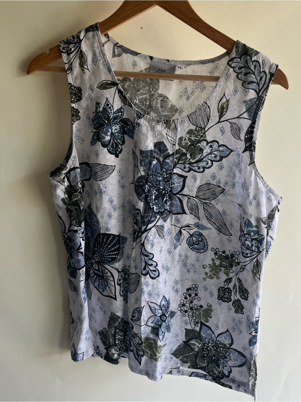 Hot Cotton Linen Tank Sleeveless Blouse Sz Med Women’s Blue White Floral EUC